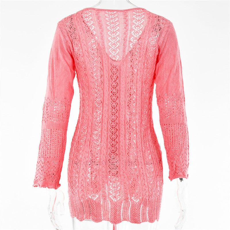 Knitted Hook Flower Hollow Out Drawstring Women Dress Blue Long Sleeve V-neck Dress Spring Slim Fashion Streetwear The Clothing Company Sydney