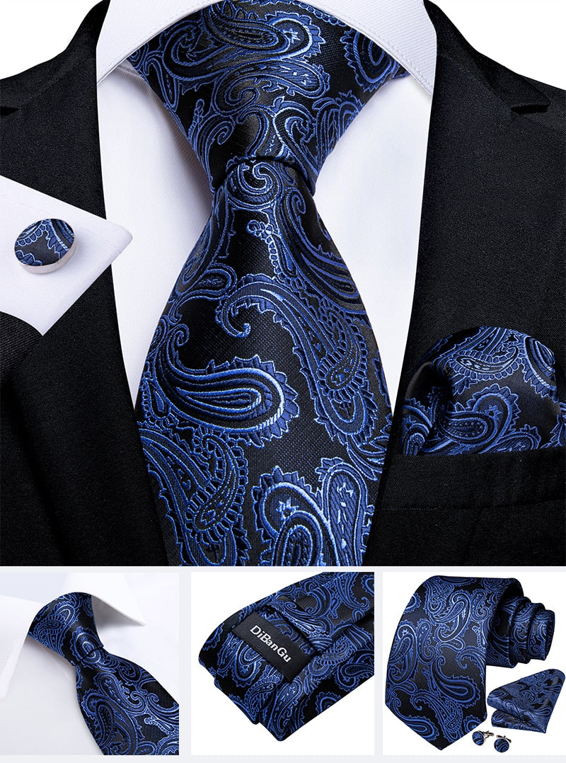 Classic 100% Silk Men's Ties 8cm Blue Plaid Dot Striped Business Necktie Handkerchief Wedding Party Tie Set The Clothing Company Sydney