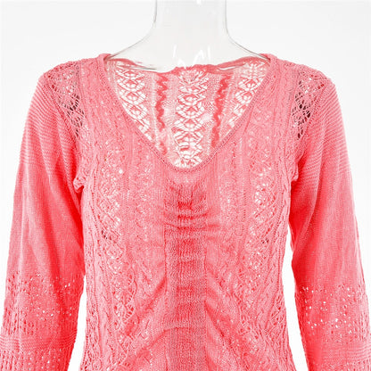 Knitted Hook Flower Hollow Out Drawstring Women Dress Blue Long Sleeve V-neck Dress Spring Slim Fashion Streetwear The Clothing Company Sydney