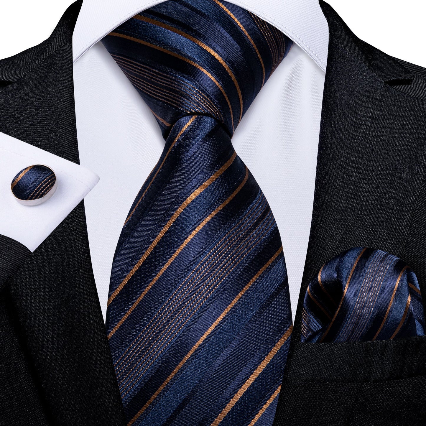 3 Piece Designer Men's Wedding Tie Gold Black Striped Silk Neck Ties For Men Hanky Cufflinks Set Business Party Wear The Clothing Company Sydney