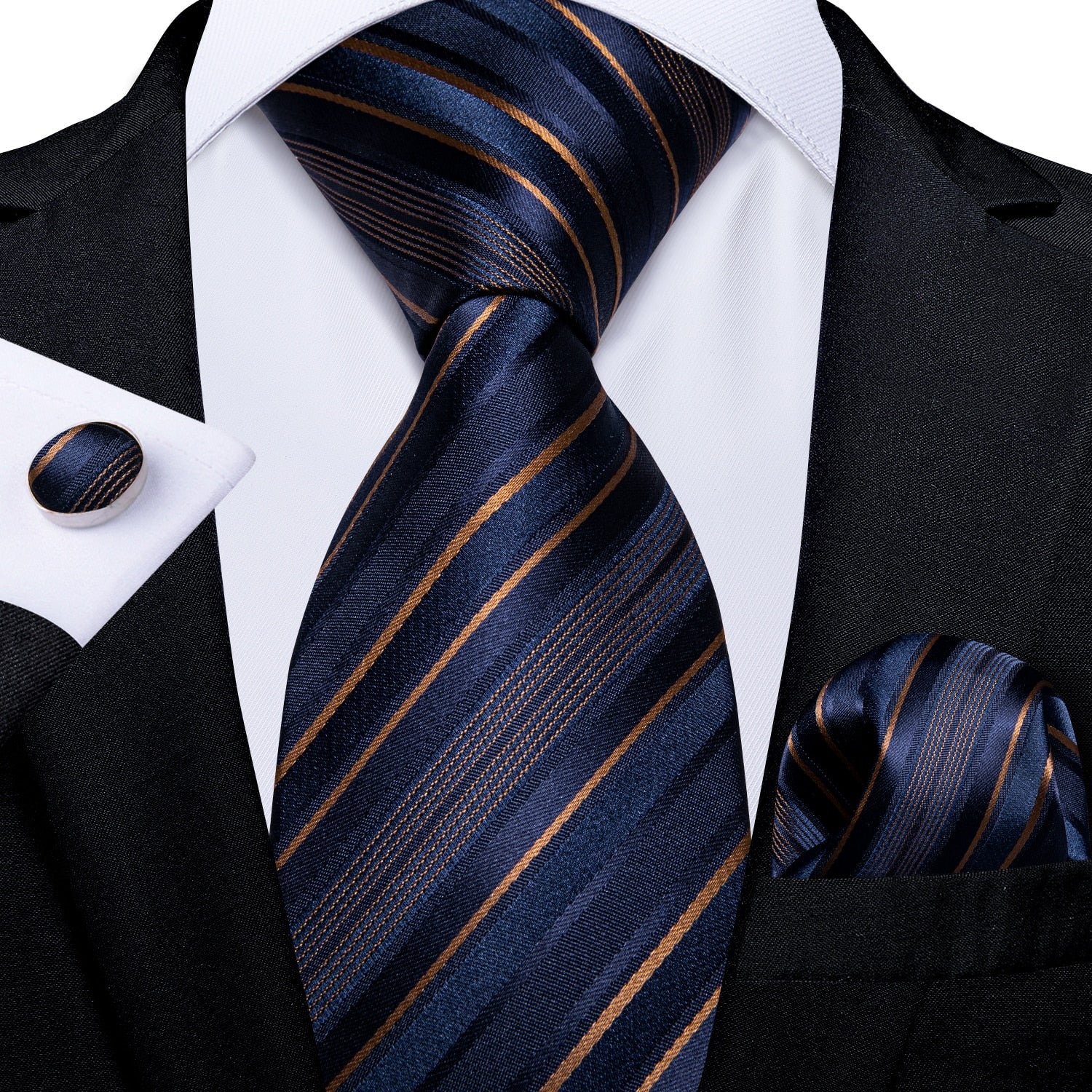 3 Piece Designer Men's Wedding Tie Gold Black Striped Silk Neck Ties For Men Hanky Cufflinks Set Business Party Wear The Clothing Company Sydney