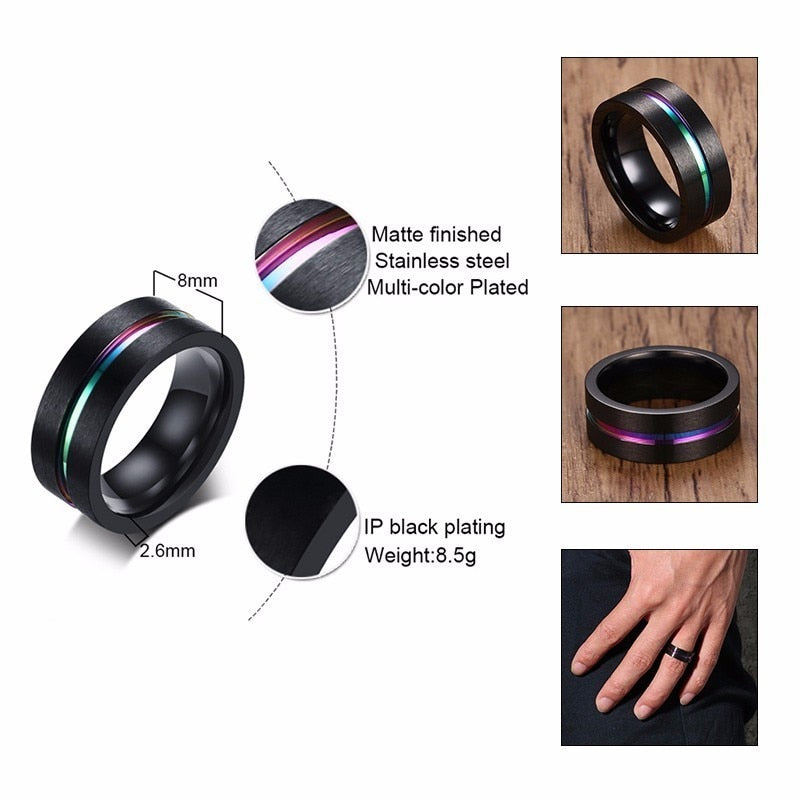 6/8mm Black Ring for Men Women Groove Rainbow Stainless Steel Wedding Bands Trendy Fraternal Rings Casual  Jewelry The Clothing Company Sydney