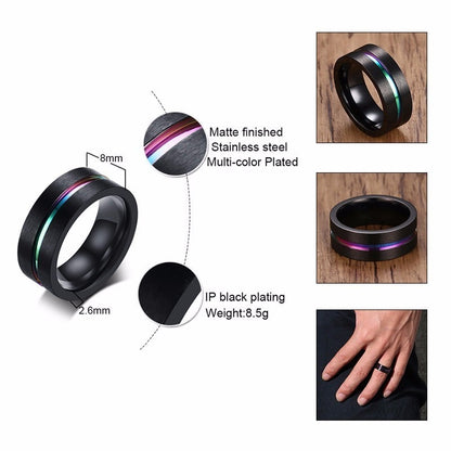 6/8mm Black Ring for Men Women Groove Rainbow Stainless Steel Wedding Bands Trendy Fraternal Rings Casual  Jewelry The Clothing Company Sydney