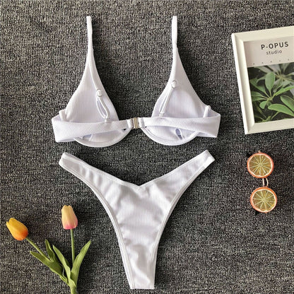 Neon V-bar Underwired Bikini Ribbed Swimsuit Women Thong Swimwear Two-pieces Bikini set Push up Bathing Suit The Clothing Company Sydney