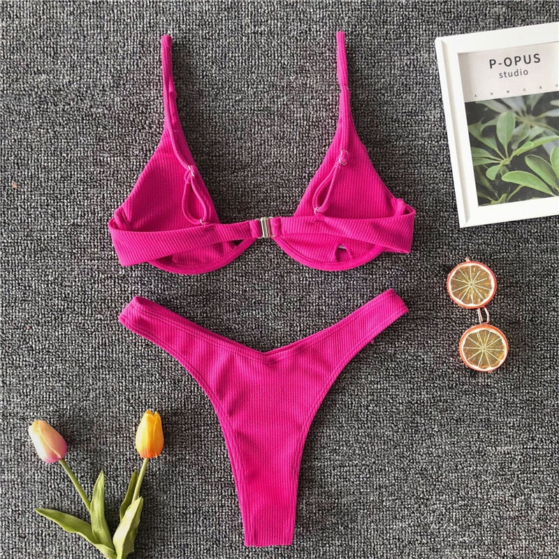 Neon V-bar Underwired Bikini Ribbed Swimsuit Women Thong Swimwear Two-pieces Bikini set Push up Bathing Suit The Clothing Company Sydney