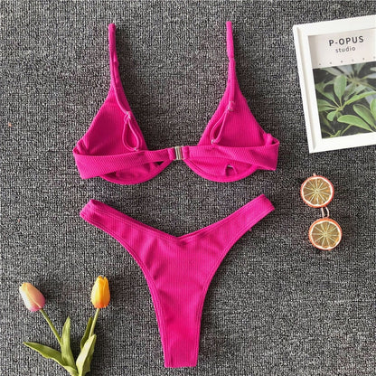Neon V-bar Underwired Bikini Ribbed Swimsuit Women Thong Swimwear Two-pieces Bikini set Push up Bathing Suit The Clothing Company Sydney