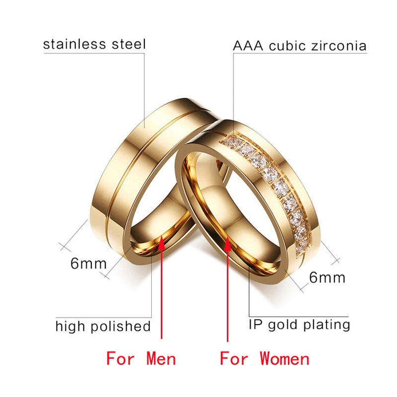 Trendy Wedding Bands Rings for Women Men Love Gift Gold-color Stainless Steel CZ Promise Couple Jewellery The Clothing Company Sydney