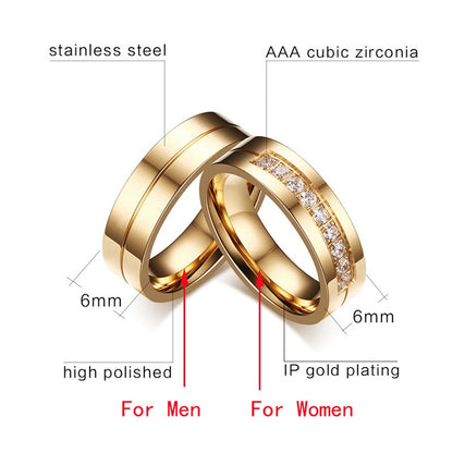 Trendy Wedding Bands Rings for Women Men Love Gift Gold-color Stainless Steel CZ Promise Couple Jewellery The Clothing Company Sydney