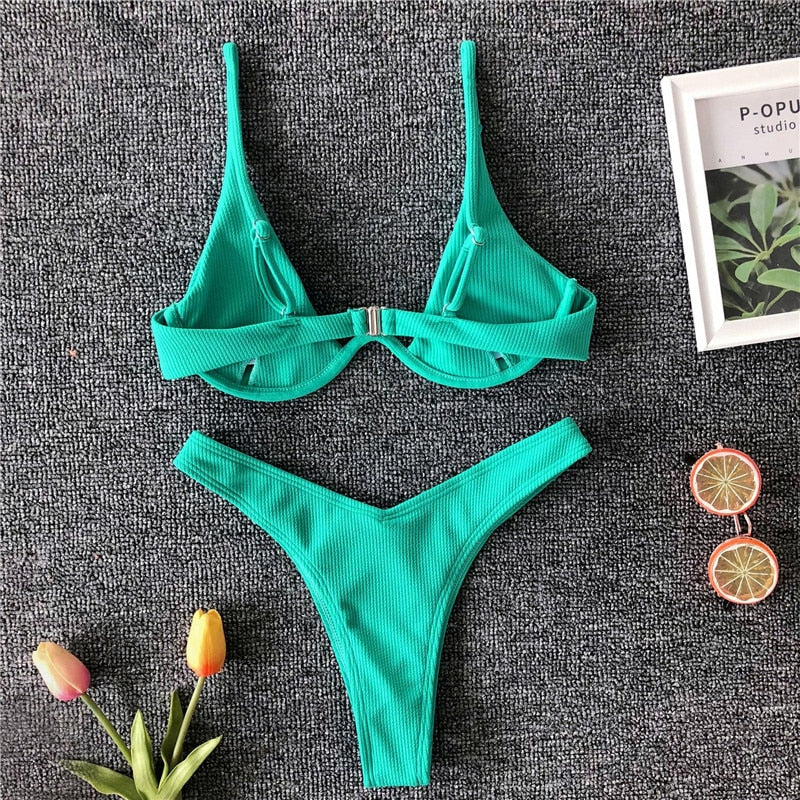 Neon V-bar Underwired Bikini Ribbed Swimsuit Women Thong Swimwear Two-pieces Bikini set Push up Bathing Suit The Clothing Company Sydney