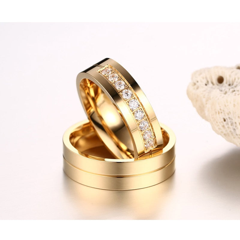 Trendy Wedding Bands Rings for Women Men Love Gift Gold-color Stainless Steel CZ Promise Couple Jewellery The Clothing Company Sydney