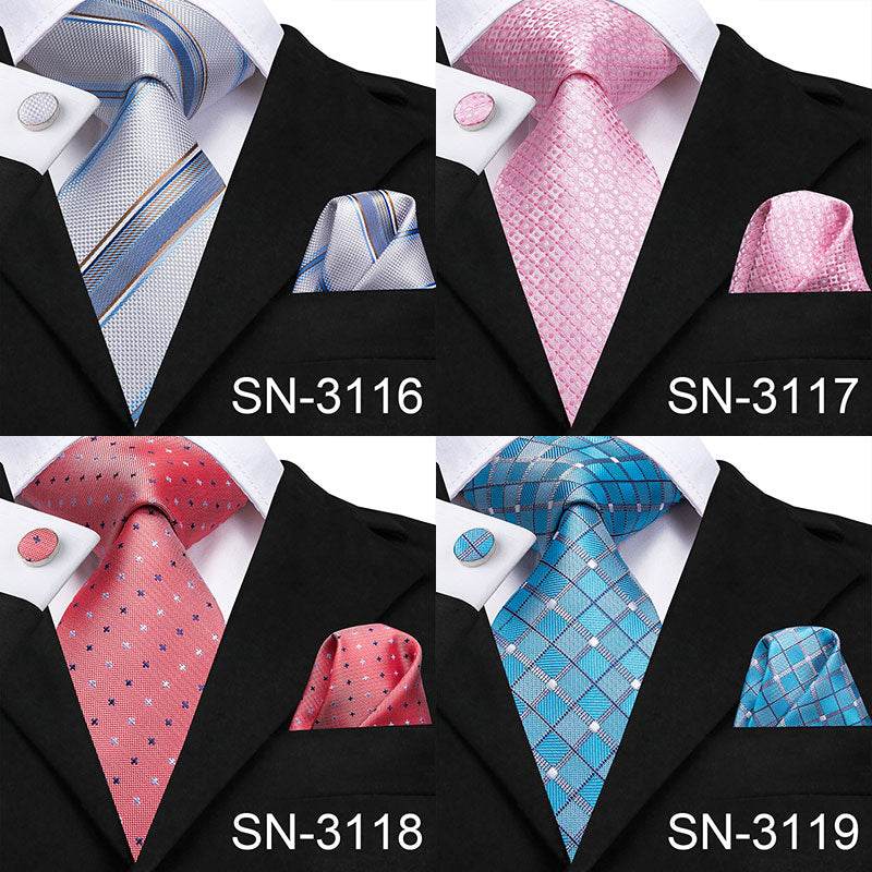 3 Piece Men's Tie Silk Necktie 8.5cm Wide New Fashion Plaid Ties Business Wedding Light Blue Necktie Hanky Cufflinks Set The Clothing Company Sydney