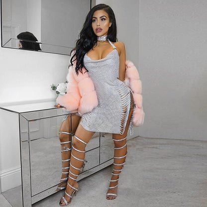 Gold Silver Rhinestone Tassel Chain Dress Women Hip High Split Luxury Party Halter Beach Nightclub Dress The Clothing Company Sydney