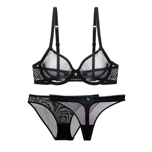 Ultra-thin cup mesh lace underwear transparent unlined 1 bra+2 panties plus size bra set for ladies The Clothing Company Sydney