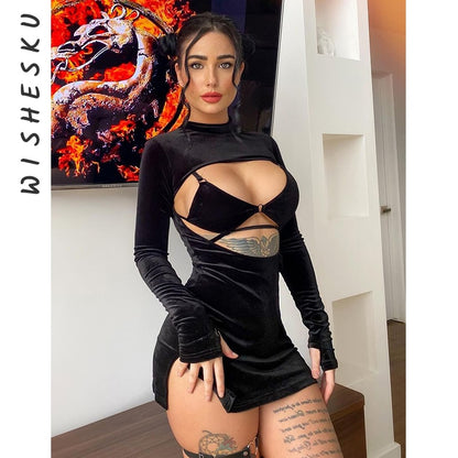 Two Piece Set Women Turtleneck Cut Out Long Sleeve Split Mini Dress+Bandage Lace Up Bra Autumn Goth Y2K Outfit The Clothing Company Sydney