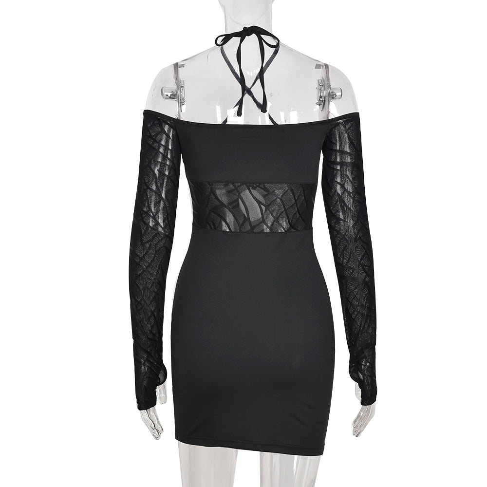 Halter Neck Off Shoulder Cut Out Bodycon Mini Dress Women Long Sleeve Backless Flocking Goth Black Dresses The Clothing Company Sydney
