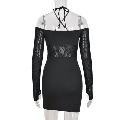 Halter Neck Off Shoulder Cut Out Bodycon Mini Dress Women Long Sleeve Backless Flocking Goth Black Dresses The Clothing Company Sydney