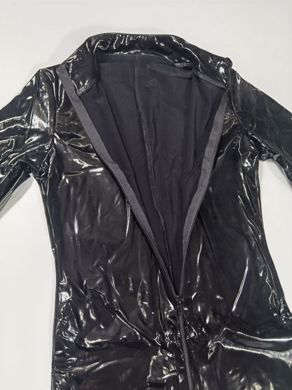 Black Red Wetlook Faux Leather Long Sleeve Pvc Catsuit Front Zipper Open Crotch Stretch Clubwear Overalls Jumpsuit The Clothing Company Sydney