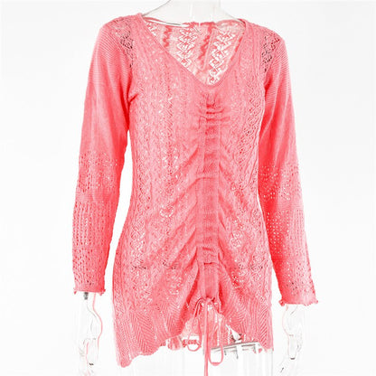 Knitted Hook Flower Hollow Out Drawstring Women Dress Blue Long Sleeve V-neck Dress Spring Slim Fashion Streetwear The Clothing Company Sydney