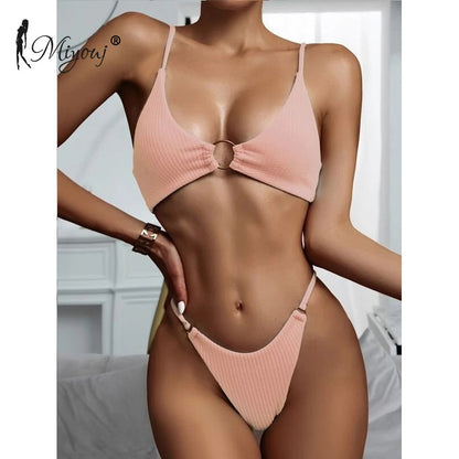 High Cut Rib Swimwear Solid Beachwear Bathing Suits Rings Bikini Sets Hollow Out Swimsuit The Clothing Company Sydney