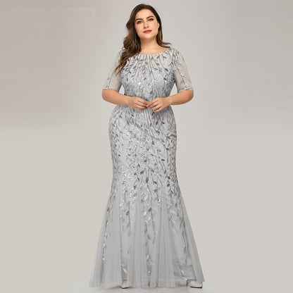 Plus Size Sequin Mesh Mermaid Slim Evening Beaded Leaves Pattern Formal Elegant Party Prom Gowns Short Sleeve Dress The Clothing Company Sydney