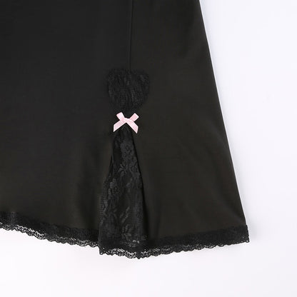 Y2K Retro Lace Patchwork Strap Bow Black Dress Mini Fashion Aesthetic Bow Club Party Dresses for Women Outfits The Clothing Company Sydney