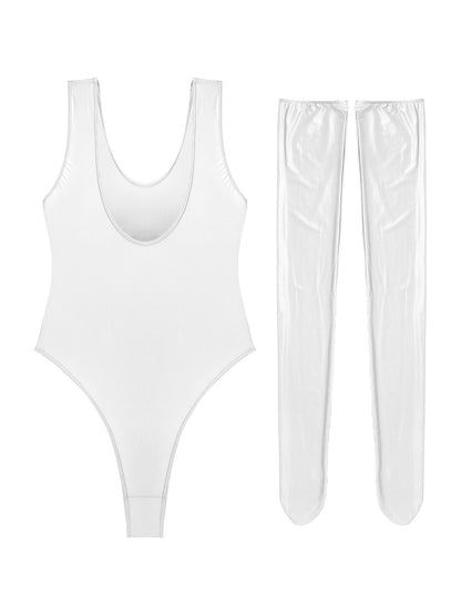 Women's Glossy Stretchy Swimming Suit Swimwear Swimsuit Sleeveless High Cut Slim Fit Bodysuit with Stocking Outfits Clubwear The Clothing Company Sydney