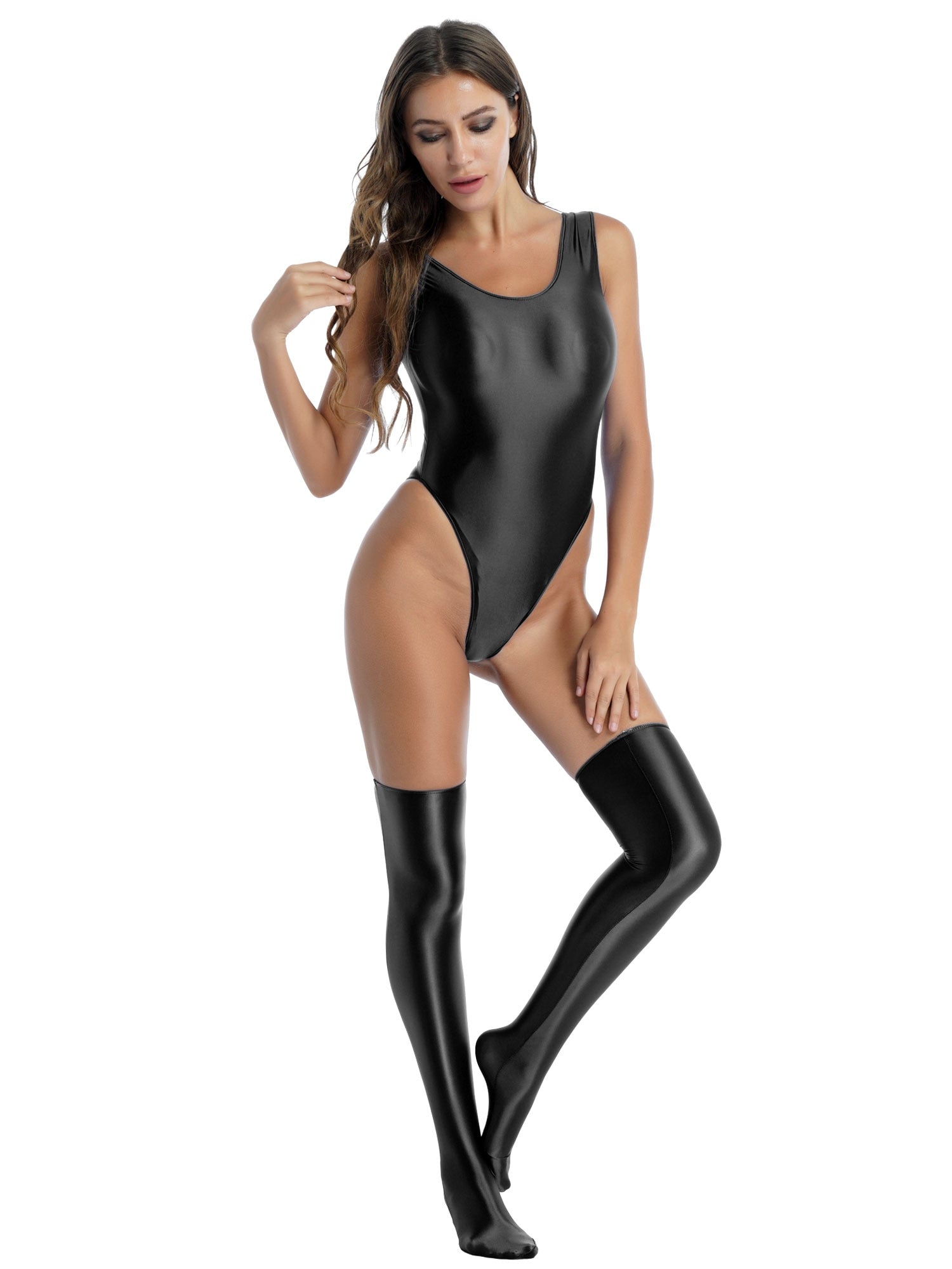 Women's Glossy Stretchy Swimming Suit Swimwear Swimsuit Sleeveless High Cut Slim Fit Bodysuit with Stocking Outfits Clubwear The Clothing Company Sydney