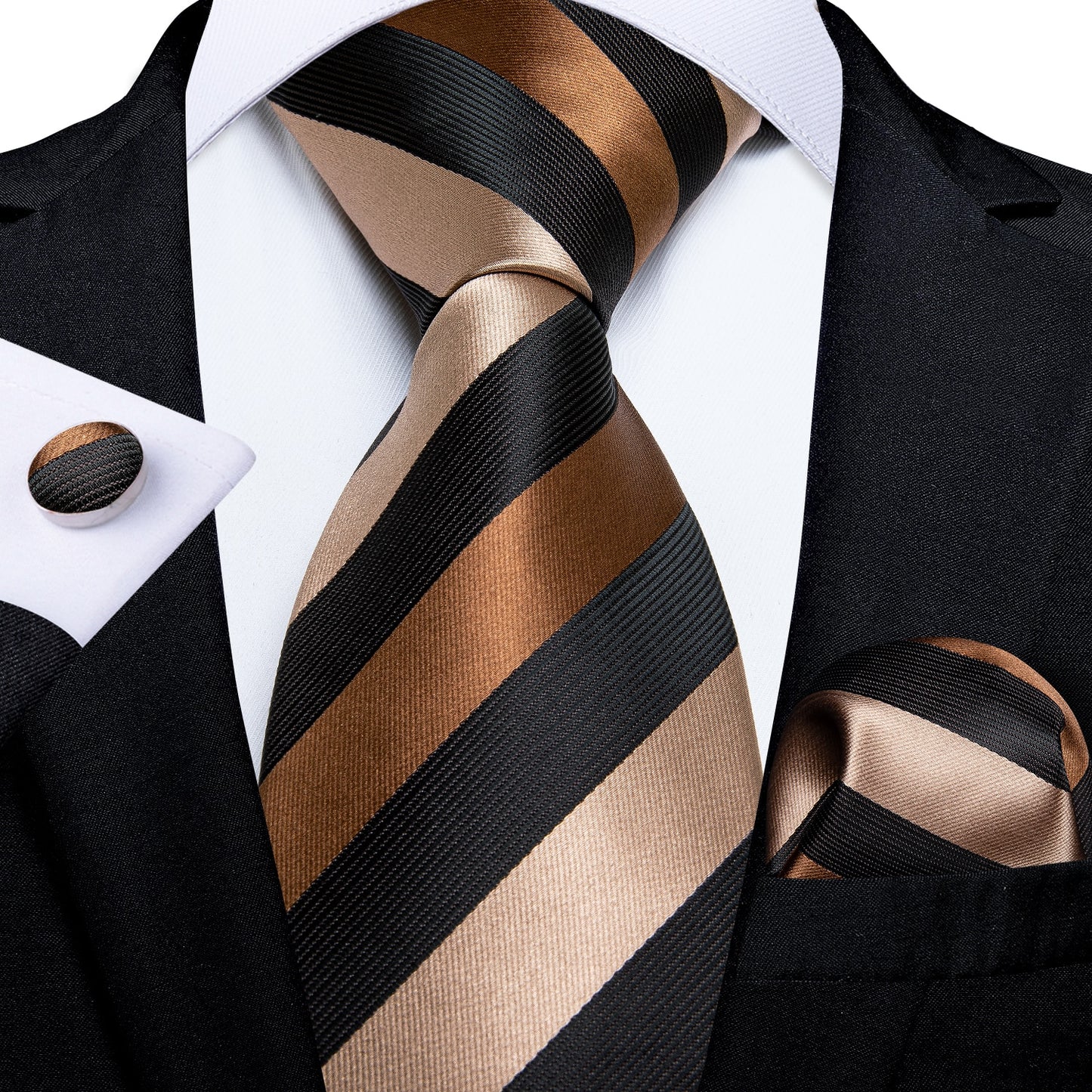 3 Piece Designer Men's Wedding Tie Gold Black Striped Silk Neck Ties For Men Hanky Cufflinks Set Business Party Wear The Clothing Company Sydney