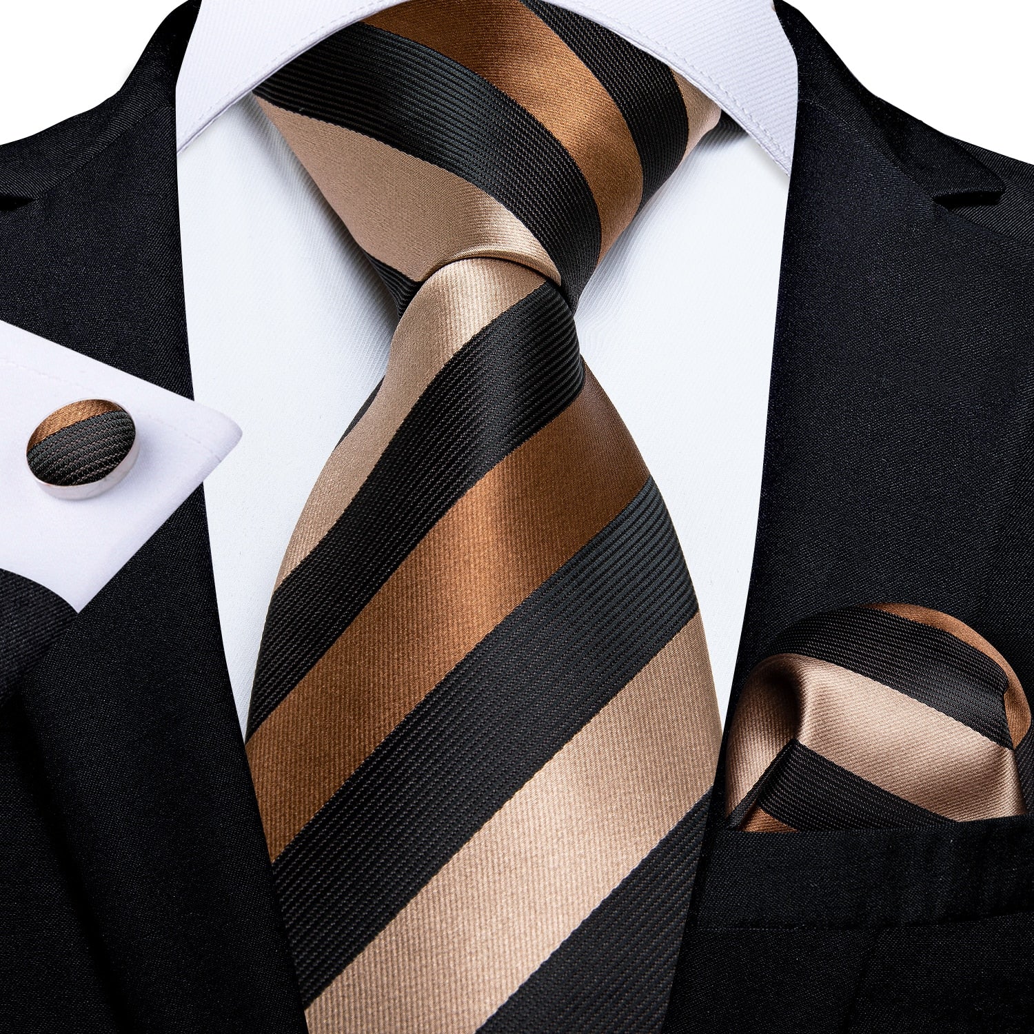 3 Piece Designer Men's Wedding Tie Gold Black Striped Silk Neck Ties For Men Hanky Cufflinks Set Business Party Wear The Clothing Company Sydney