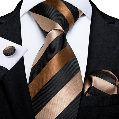 3 Piece Designer Men's Wedding Tie Gold Black Striped Silk Neck Ties For Men Hanky Cufflinks Set Business Party Wear The Clothing Company Sydney