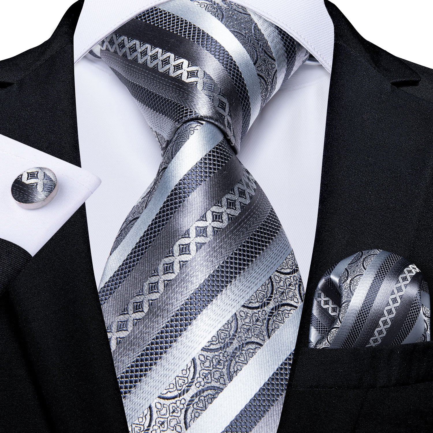 3 Piece Designer Men's Wedding Tie Gold Black Striped Silk Neck Ties For Men Hanky Cufflinks Set Business Party Wear The Clothing Company Sydney