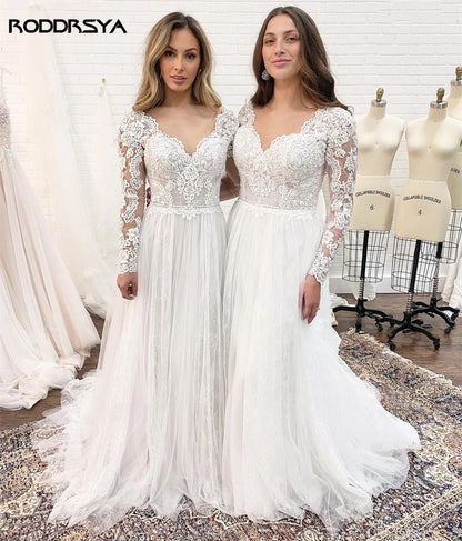 A Line Long Sleeves Wedding Dresses  Lace Bridal Gowns Tulle Ivory  Open Back Wedding Dress The Clothing Company Sydney