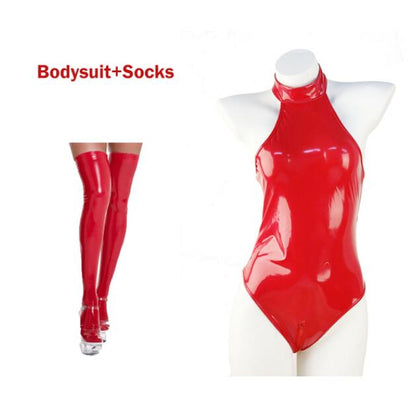 PU Leather Lingerie Glossy Leather Bodysuits with Socks Gloves Women Wet Look Latex Catsuit Exotic Zip Open Crotch Costumes The Clothing Company Sydney