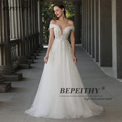 Off The Shoulder Ivory Boho Wedding Dresses A Line Chic Beading Lace UK Bride Bridal Gown The Clothing Company Sydney