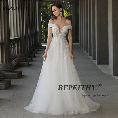 Off The Shoulder Ivory Boho Wedding Dresses A Line Chic Beading Lace UK Bride Bridal Gown The Clothing Company Sydney