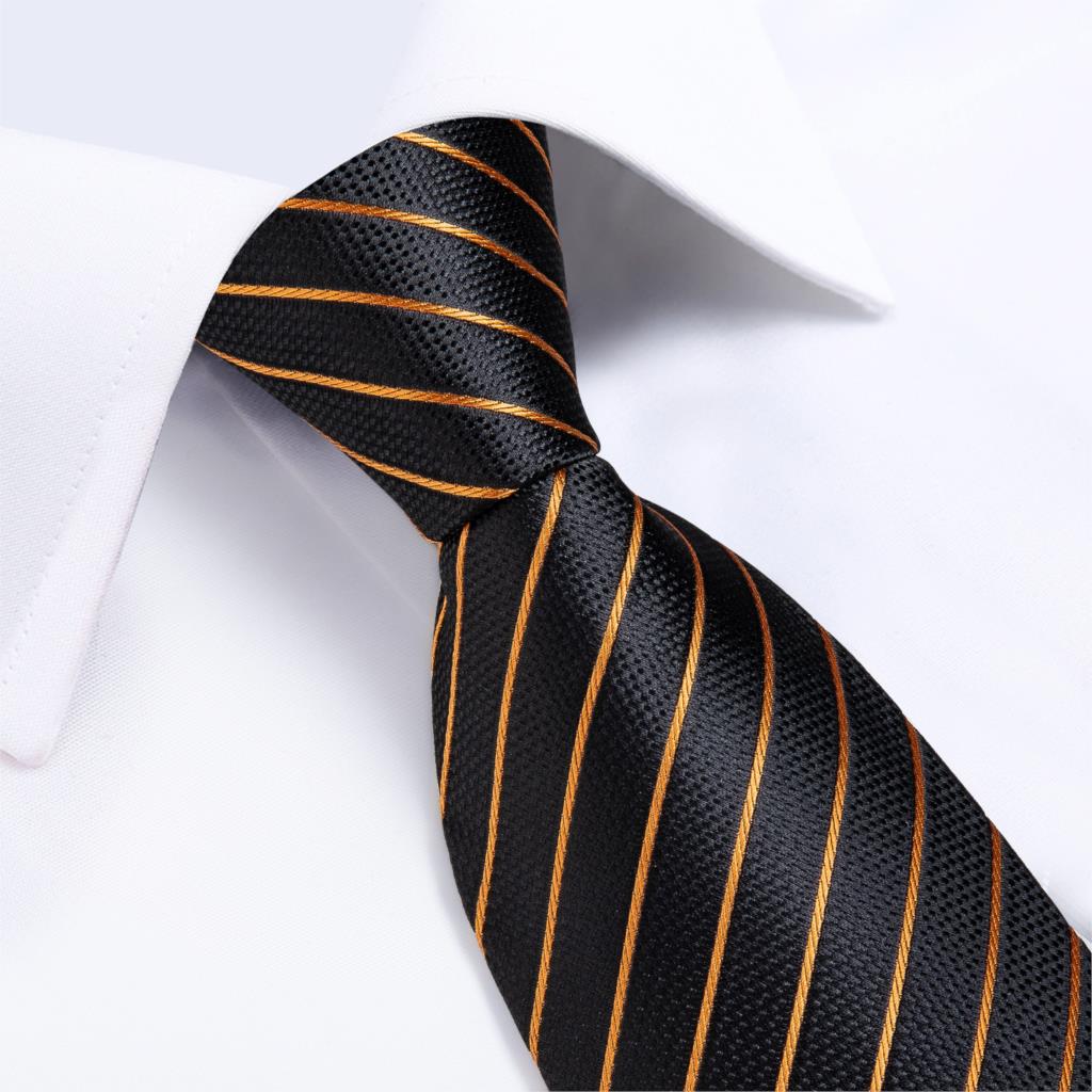 3 Piece Designer Men's Wedding Tie Gold Black Striped Silk Neck Ties For Men Hanky Cufflinks Set Business Party Wear The Clothing Company Sydney