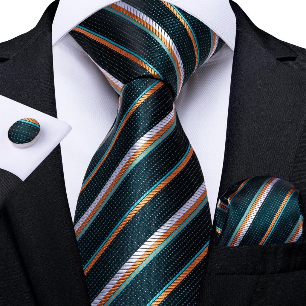 3 Piece Designer Men's Wedding Tie Gold Black Striped Silk Neck Ties For Men Hanky Cufflinks Set Business Party Wear The Clothing Company Sydney