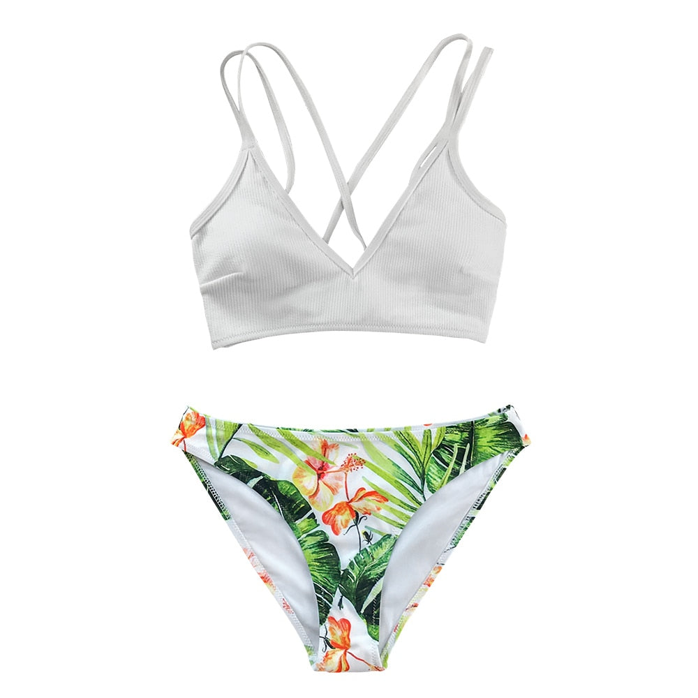 White and Green Leaf Print Low-waist Bikini Sets Lace Up Swimsuit Two Piece Swimwear Beach Bathing Suit The Clothing Company Sydney