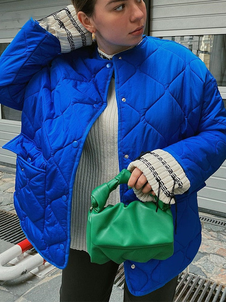 Women's Winter Blue Oversize Puffer Casual Fashion Warm Cotton Button Down Quilted Coat  Loose Jacket The Clothing Company Sydney