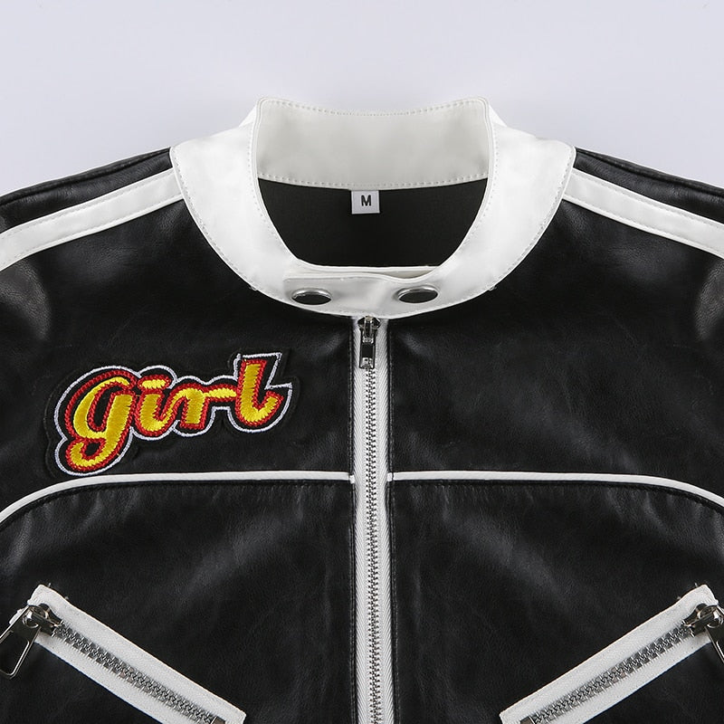 Streetwear Punk Style Patchwork Cropped PU Leather Jacket Women Zipper Autumn Winter Jacket Contrast Color Basic Coat The Clothing Company Sydney