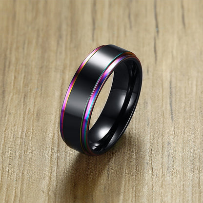 6/8mm Black Ring for Men Women Groove Rainbow Stainless Steel Wedding Bands Trendy Fraternal Rings Casual  Jewelry The Clothing Company Sydney