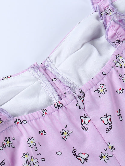Ruffle Mini Dresses Floral Print Purple Button Sleeveless Y2K Women Casual Fashion Elegant Party Dresses The Clothing Company Sydney