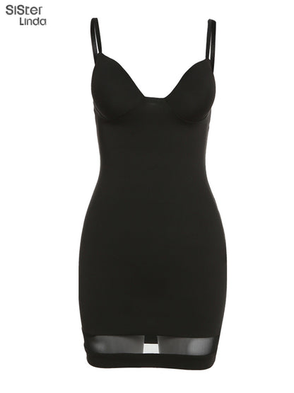 Casual Mesh Bodycon Mini Dress Women Romper  Sleeveless Skinny Stretchy Deep V Neck Party Clubwear Trend Outfit The Clothing Company Sydney