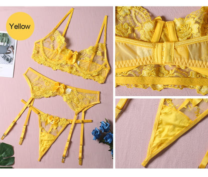 Floral Embroidery Thin Transparent Bralette Lace Push Up Bra Garters 3 Piece Sensual Lingerie Set The Clothing Company Sydney