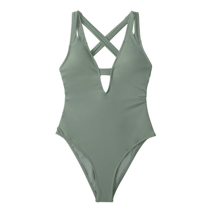 Solid Dark Blue Cross Deep V-neck One-piece Swimsuit Backless Monokini X-back Bathing Suit Swimwear The Clothing Company Sydney