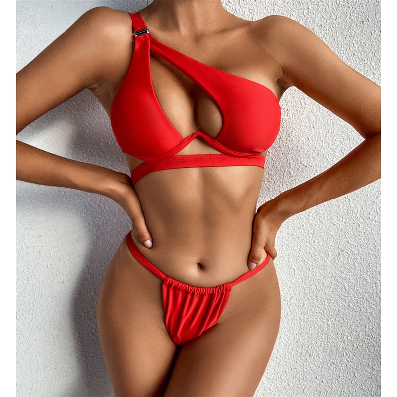 Hollow Out Swimwear Push Up Bikini One Shoulder Solid Thong Swimsuit 2 Piece Micro Bather Suit The Clothing Company Sydney