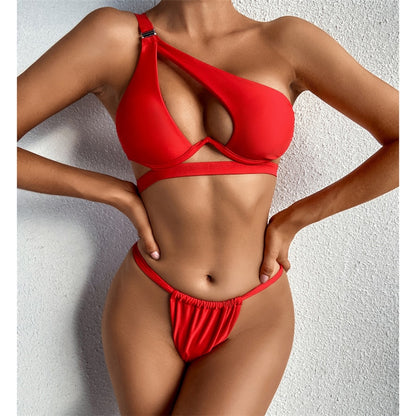 Hollow Out Swimwear Push Up Bikini One Shoulder Solid Thong Swimsuit 2 Piece Micro Bather Suit The Clothing Company Sydney