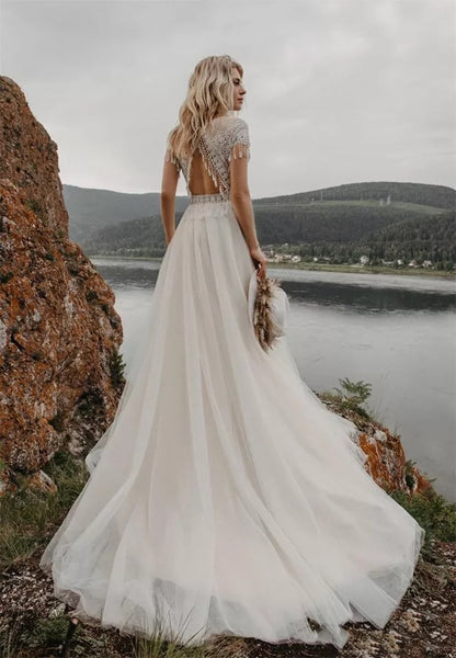 Bohemain Lace Wedding Dresses With Tassel Boat Neck Short Sleeve Backless Sweep Train Boho A-Line Tulle Bridal Gown The Clothing Company Sydney