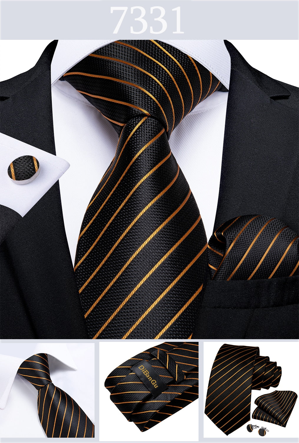 3 Piece Designer Men's Wedding Tie Gold Black Striped Silk Neck Ties For Men Hanky Cufflinks Set Business Party Wear The Clothing Company Sydney