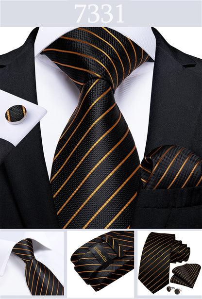 3 Piece Designer Men's Wedding Tie Gold Black Striped Silk Neck Ties For Men Hanky Cufflinks Set Business Party Wear The Clothing Company Sydney